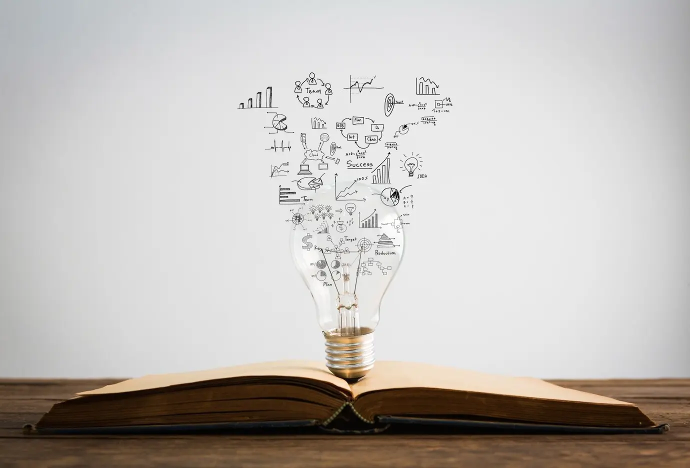 Aus einer Glühbirne, die auf einem Buch steht, treten Symbole hervor.